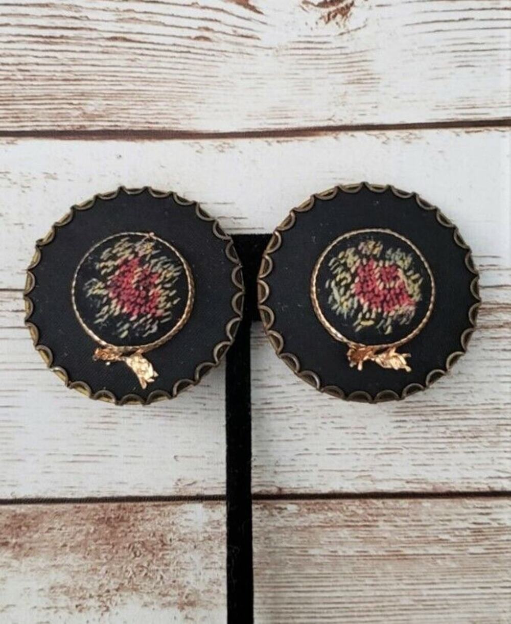 Vintage Clip On Earrings Black Hat Design with Tapestry Detail Statement
